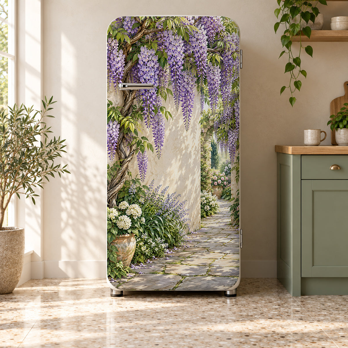 Wisteria Cascade fridge wrap on a retro refrigerator