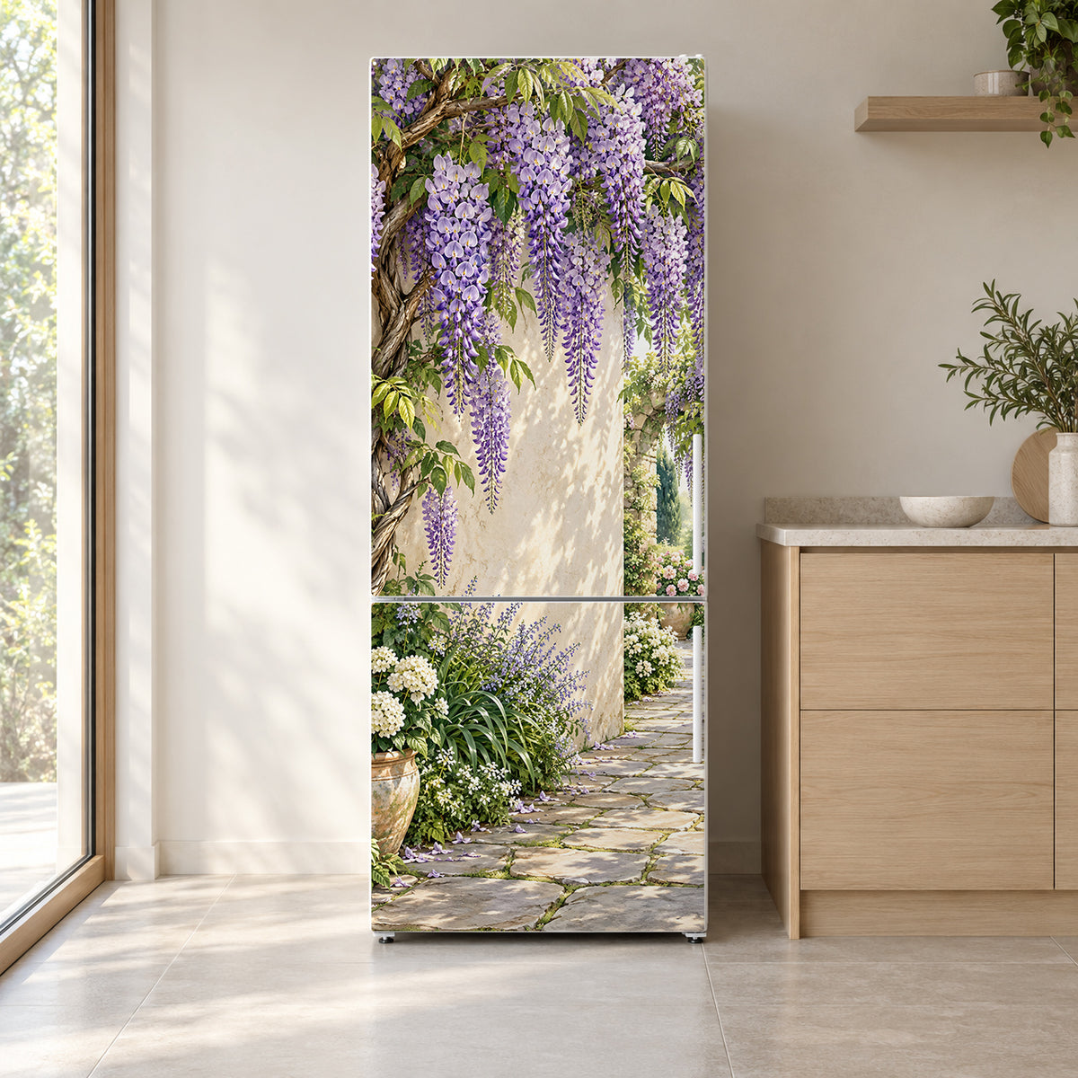 Wisteria Cascade fridge wrap on a white refrigerator in a bright kitchen