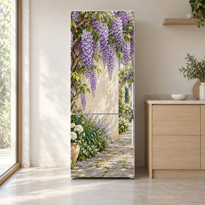 Wisteria Cascade fridge wrap on a white refrigerator in a bright kitchen