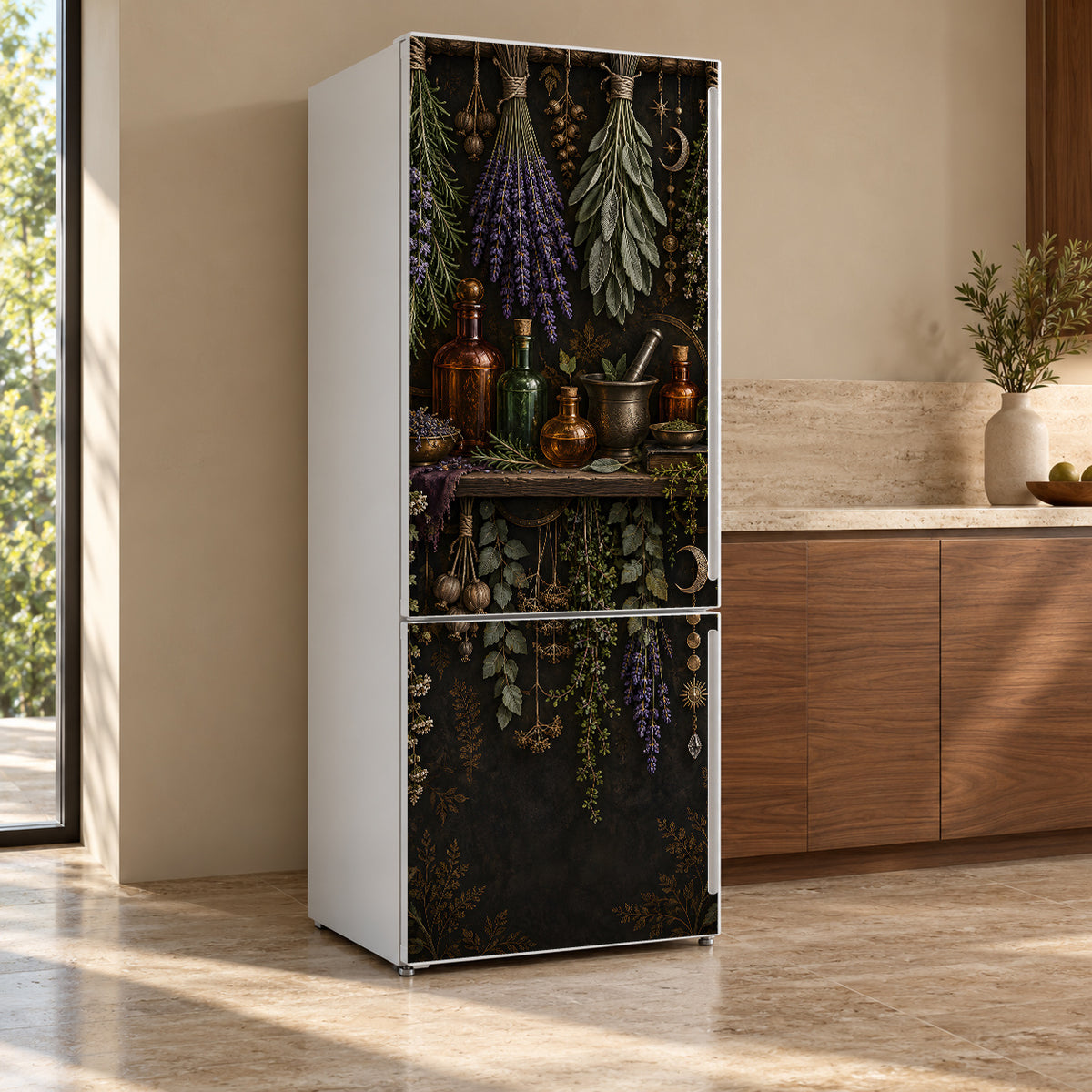 Witchy Herb Shelf fridge wrap, refrigerator shown at an angle