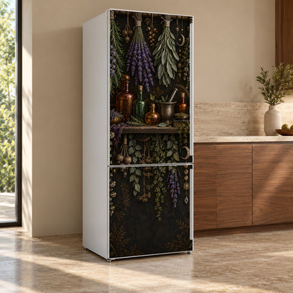 Witchy Herb Shelf fridge wrap, refrigerator shown at an angle