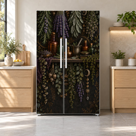 Witchy Herb Shelf fridge wrap on a side-by-side refrigerator