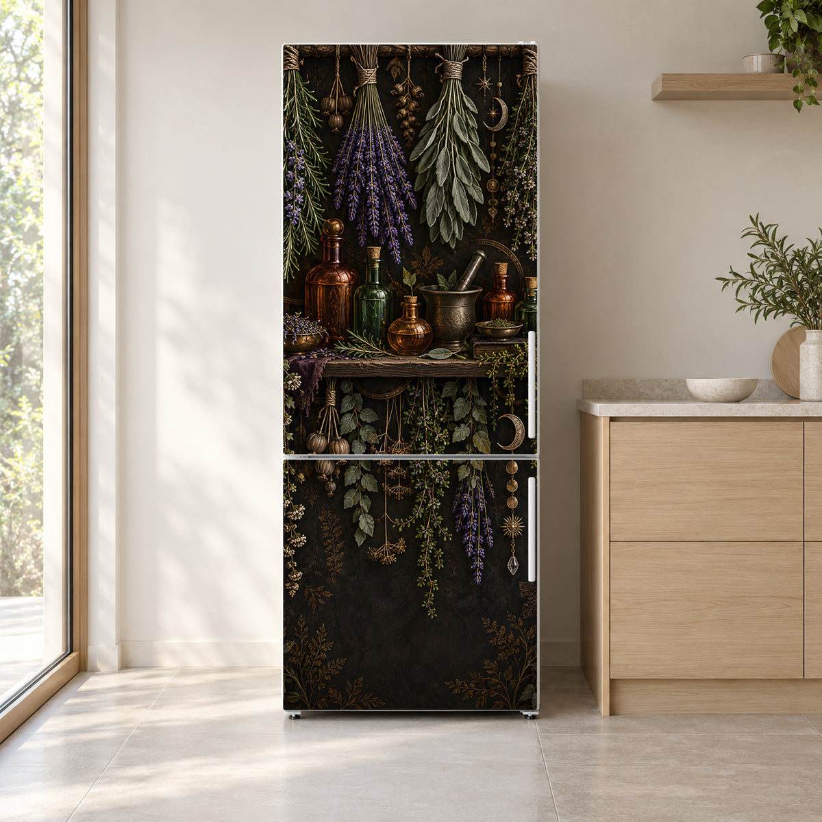 Witchy Herb Shelf fridge wrap on a white refrigerator in a bright kitchen
