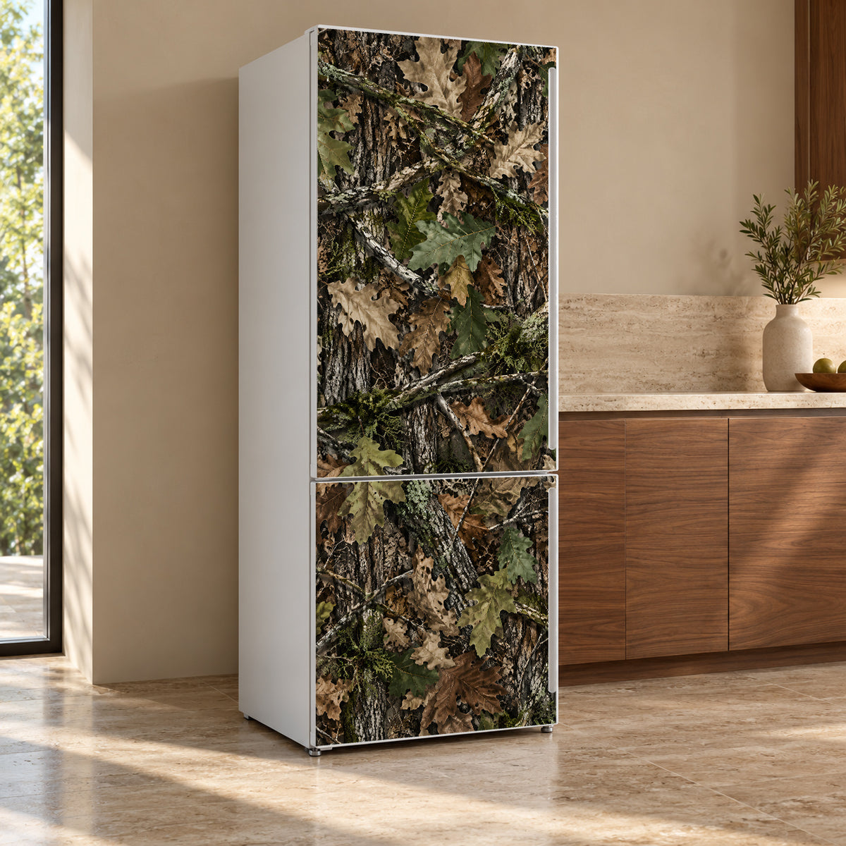 Woodland Camo fridge wrap, refrigerator shown at an angle