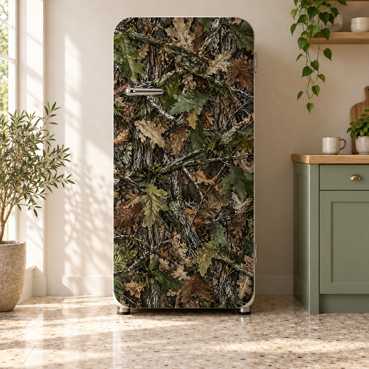 Woodland Camo fridge wrap on a retro refrigerator