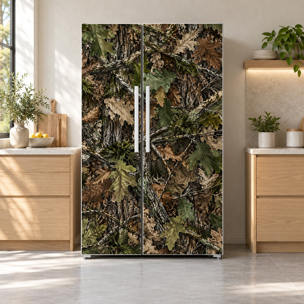 Woodland Camo fridge wrap on a side-by-side refrigerator