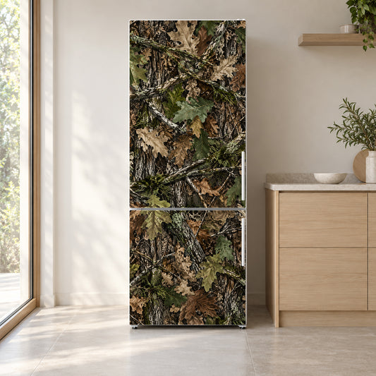 Woodland Camo fridge wrap on a white refrigerator in a bright kitchen