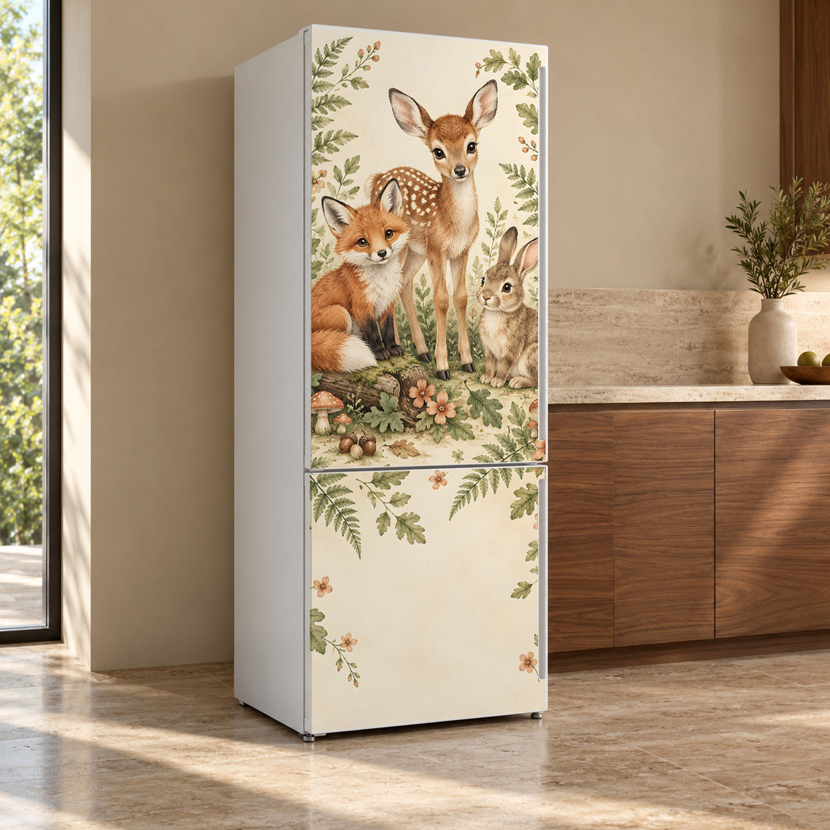 Woodland Nursery Animals fridge wrap, refrigerator shown at an angle