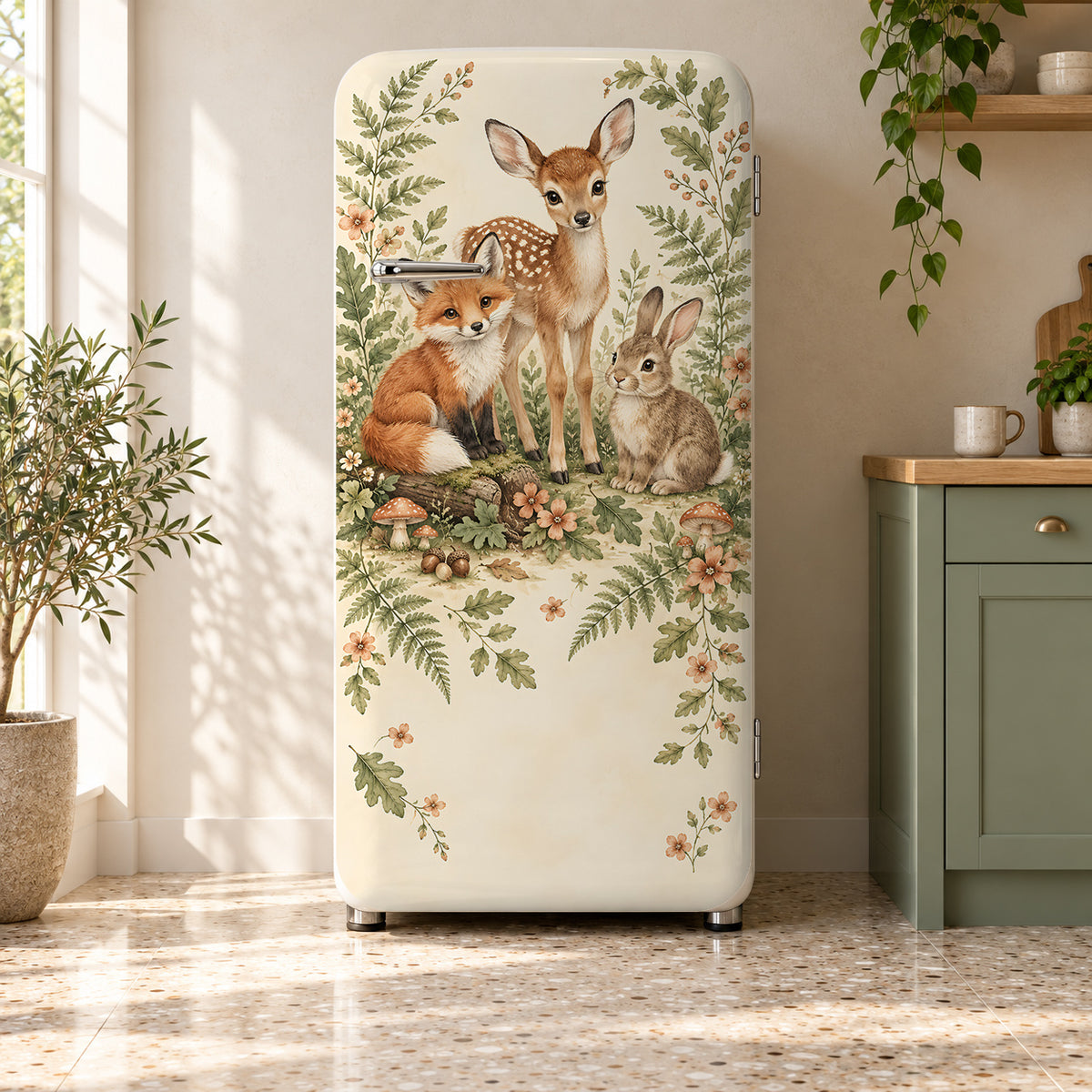 Woodland Nursery Animals fridge wrap on a retro refrigerator