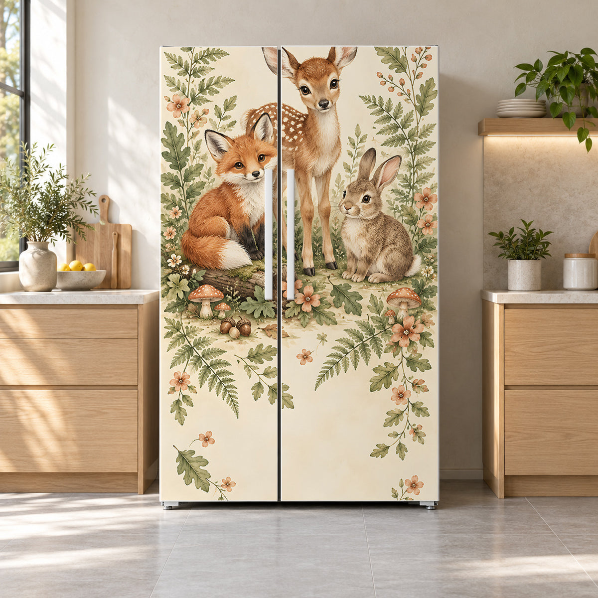 Woodland Nursery Animals fridge wrap on a side-by-side refrigerator