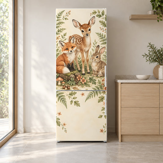Woodland Nursery Animals fridge wrap on a white refrigerator in a bright kitchen