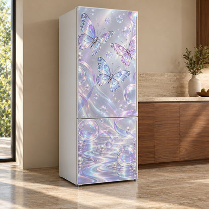 Y2K Butterflies & Bubbles fridge wrap, refrigerator shown at an angle
