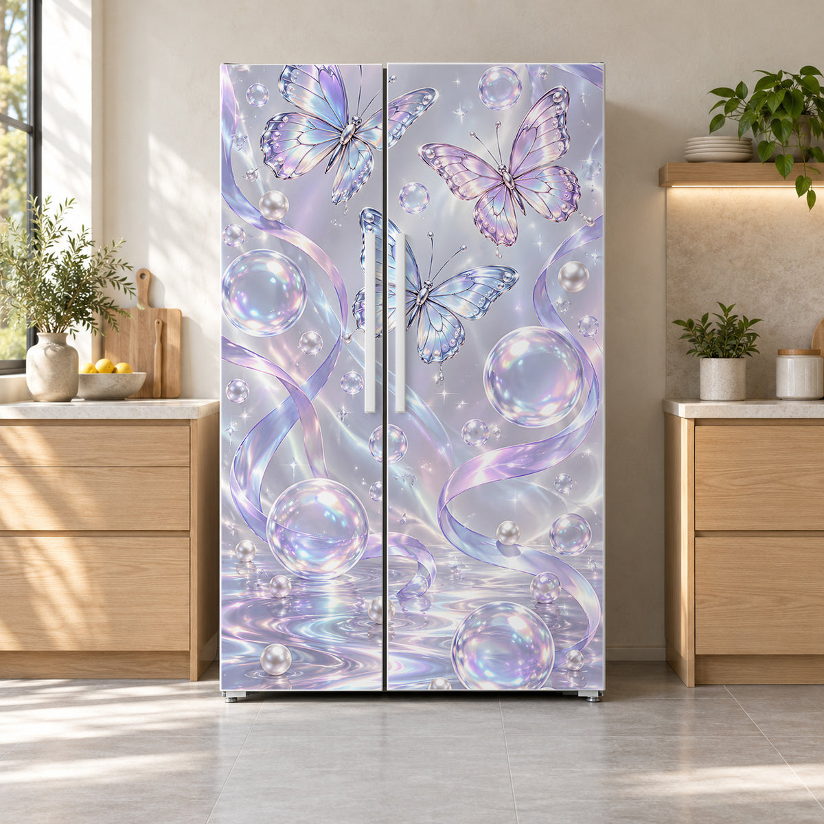 Y2K Butterflies & Bubbles fridge wrap on a side-by-side refrigerator