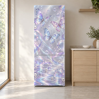 Y2K Butterflies & Bubbles fridge wrap on a white refrigerator in a bright kitchen