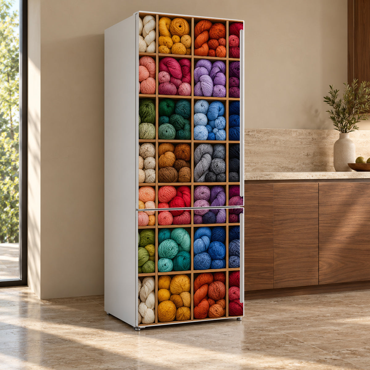 Yarn Shop Cubbies fridge wrap, refrigerator shown at an angle