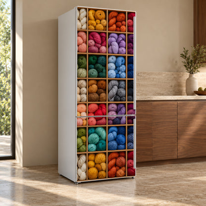 Yarn Shop Cubbies fridge wrap, refrigerator shown at an angle