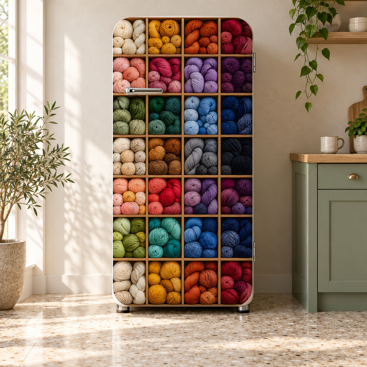 Yarn Shop Cubbies fridge wrap on a retro refrigerator