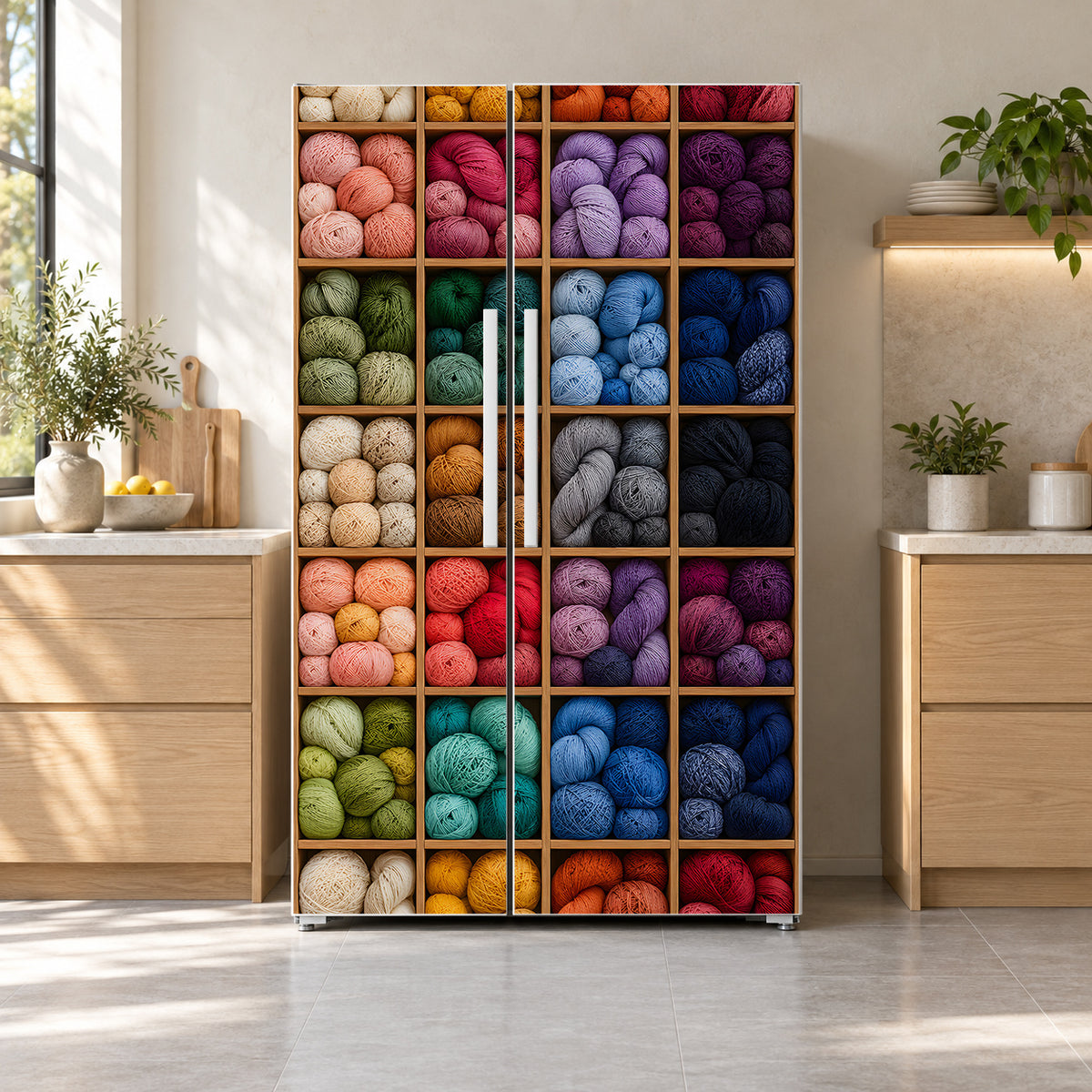 Yarn Shop Cubbies fridge wrap on a side-by-side refrigerator