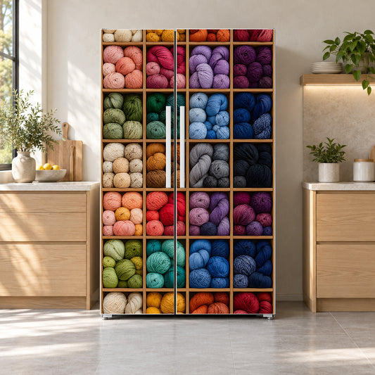 Yarn Shop Cubbies fridge wrap on a side-by-side refrigerator