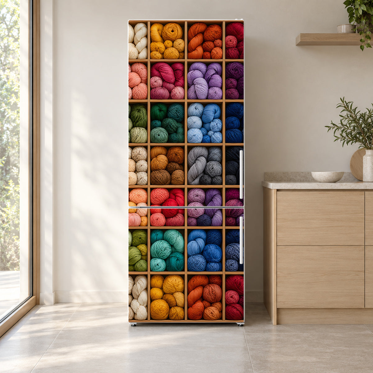 Yarn Shop Cubbies fridge wrap on a white refrigerator in a bright kitchen
