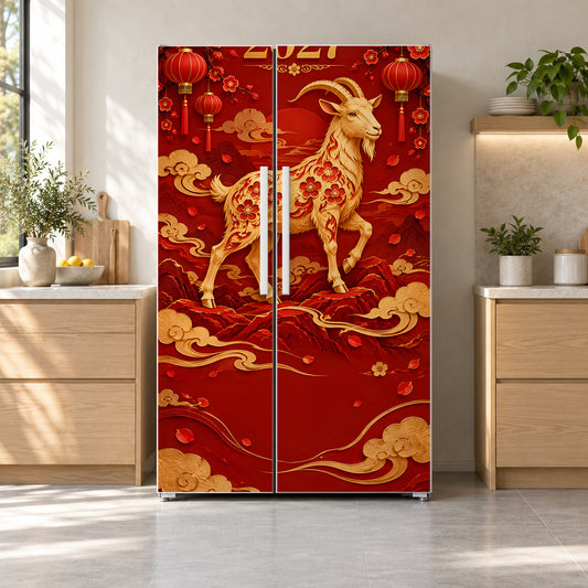 Year of the Goat 2027 fridge wrap on a side-by-side refrigerator