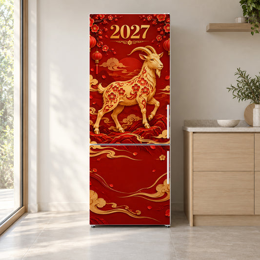 Year of the Goat 2027 fridge wrap on a white refrigerator in a bright kitchen