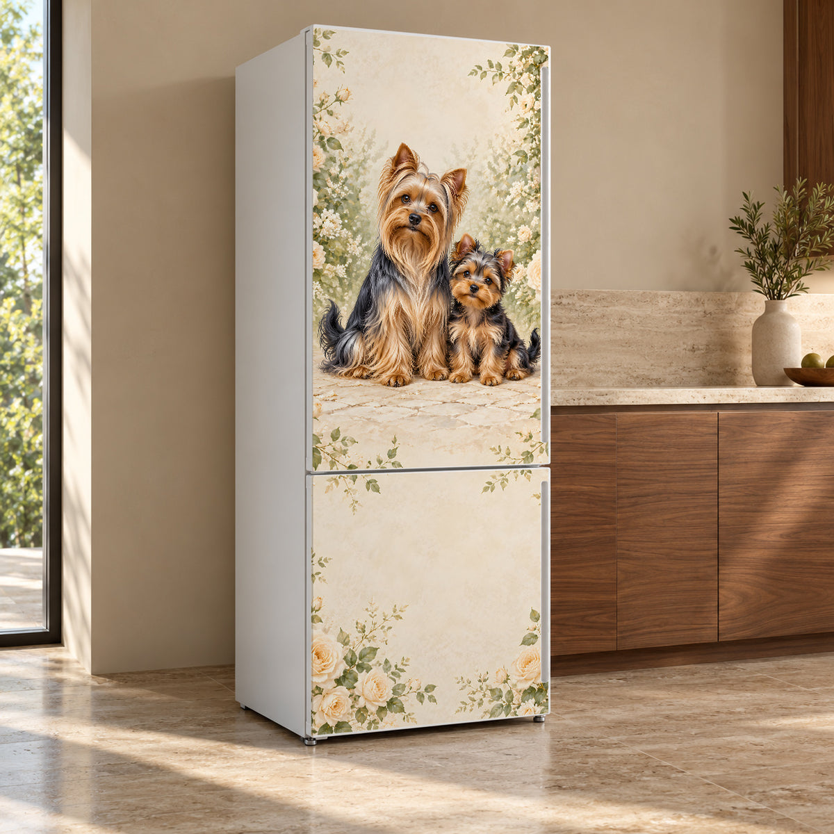 Yorkshire Terriers fridge wrap, refrigerator shown at an angle