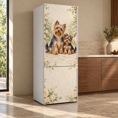 Yorkshire Terriers fridge wrap, refrigerator shown at an angle