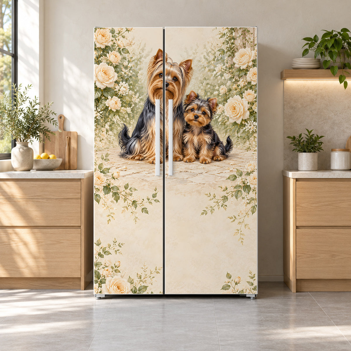 Yorkshire Terriers fridge wrap on a side-by-side refrigerator