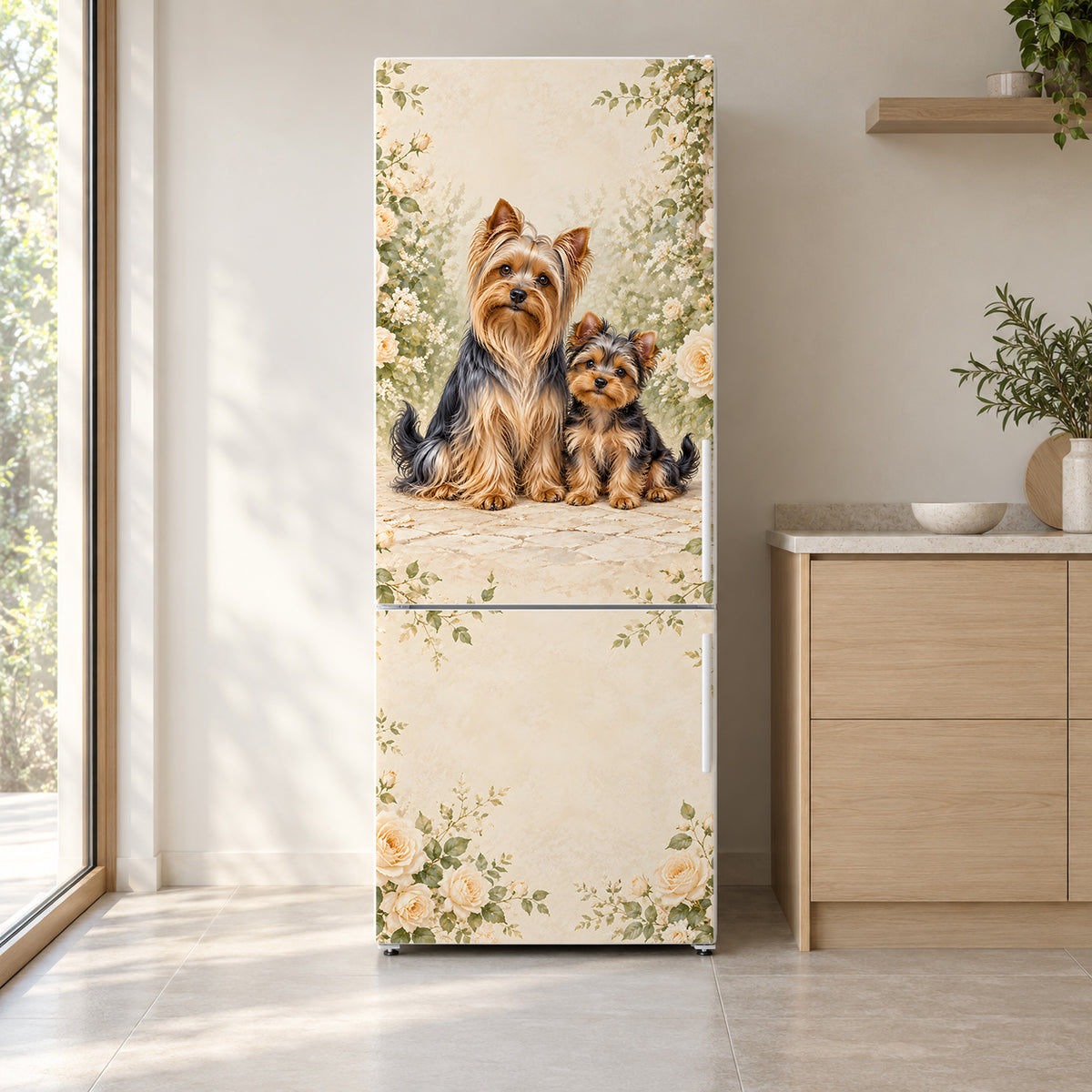 Yorkshire Terriers fridge wrap on a white refrigerator in a bright kitchen