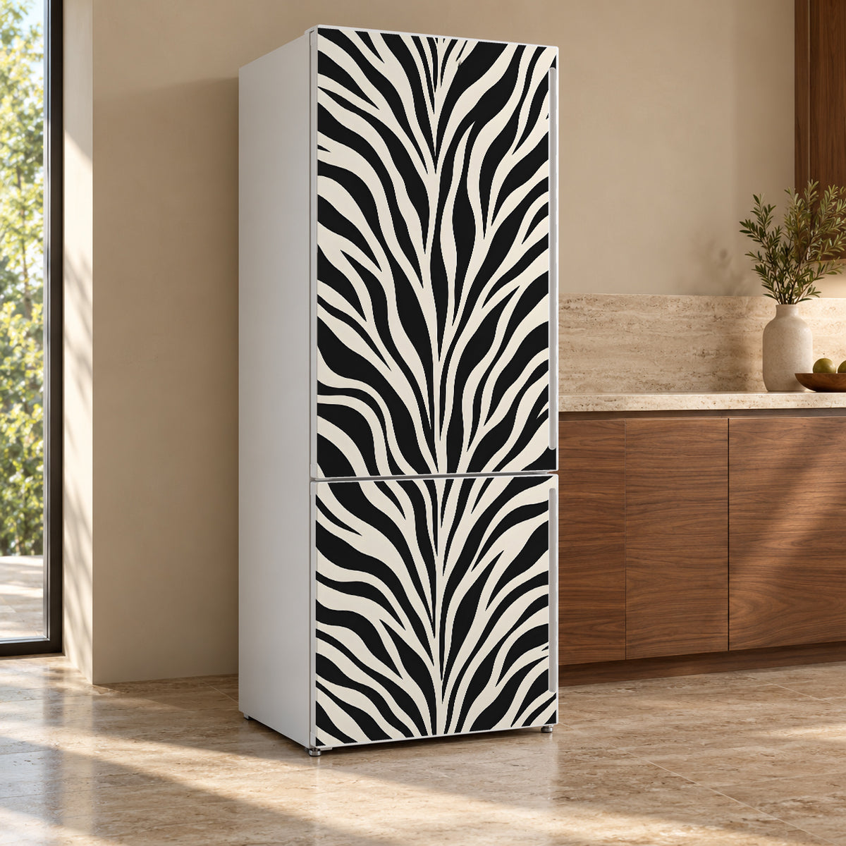 Zebra Print fridge wrap, refrigerator shown at an angle