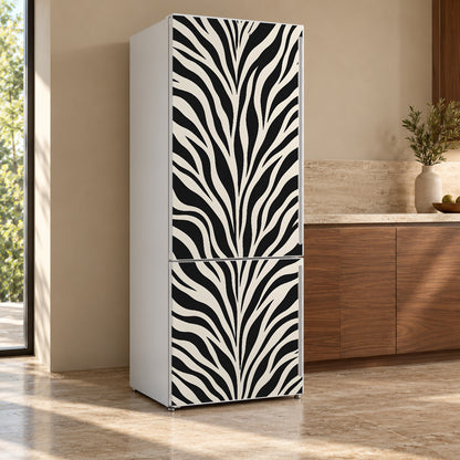 Zebra Print fridge wrap, refrigerator shown at an angle
