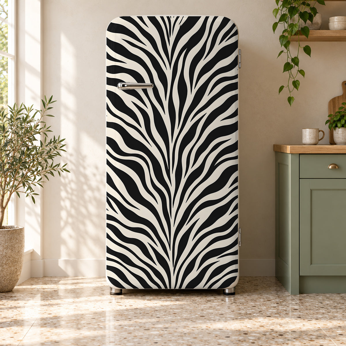 Zebra Print fridge wrap on a retro refrigerator