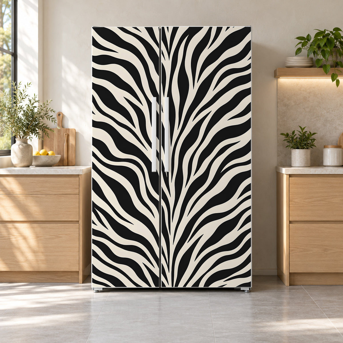 Zebra Print fridge wrap on a side-by-side refrigerator