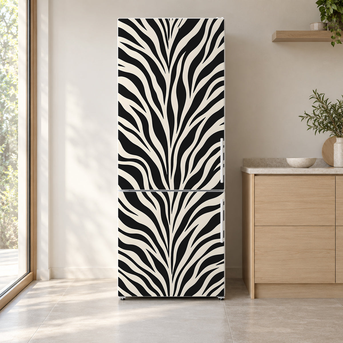 Zebra Print fridge wrap on a white refrigerator in a bright kitchen