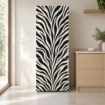 Zebra Print fridge wrap on a white refrigerator in a bright kitchen