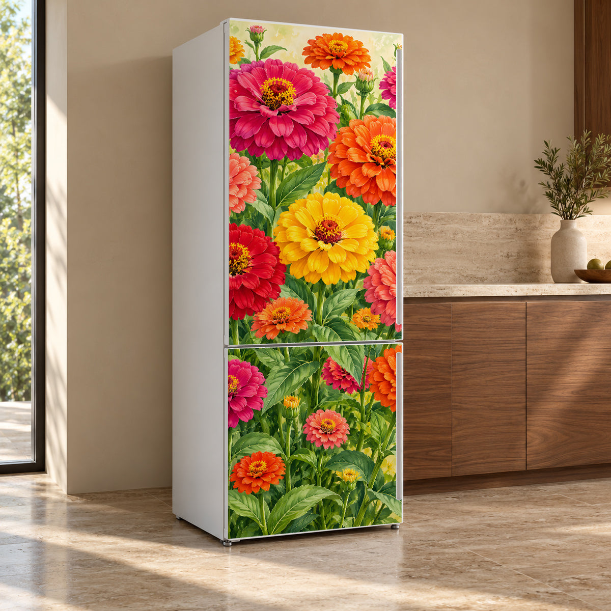 Zinnias fridge wrap, refrigerator shown at an angle