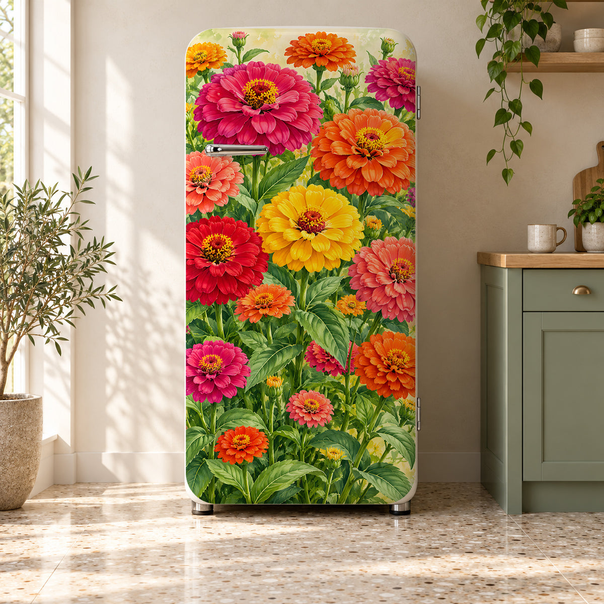Zinnias fridge wrap on a retro refrigerator