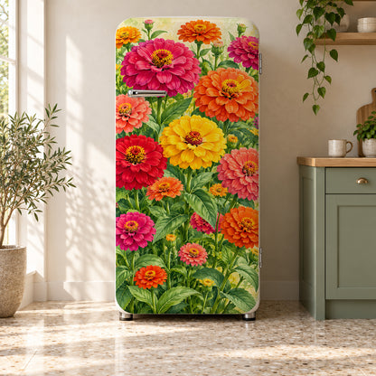 Zinnias fridge wrap on a retro refrigerator