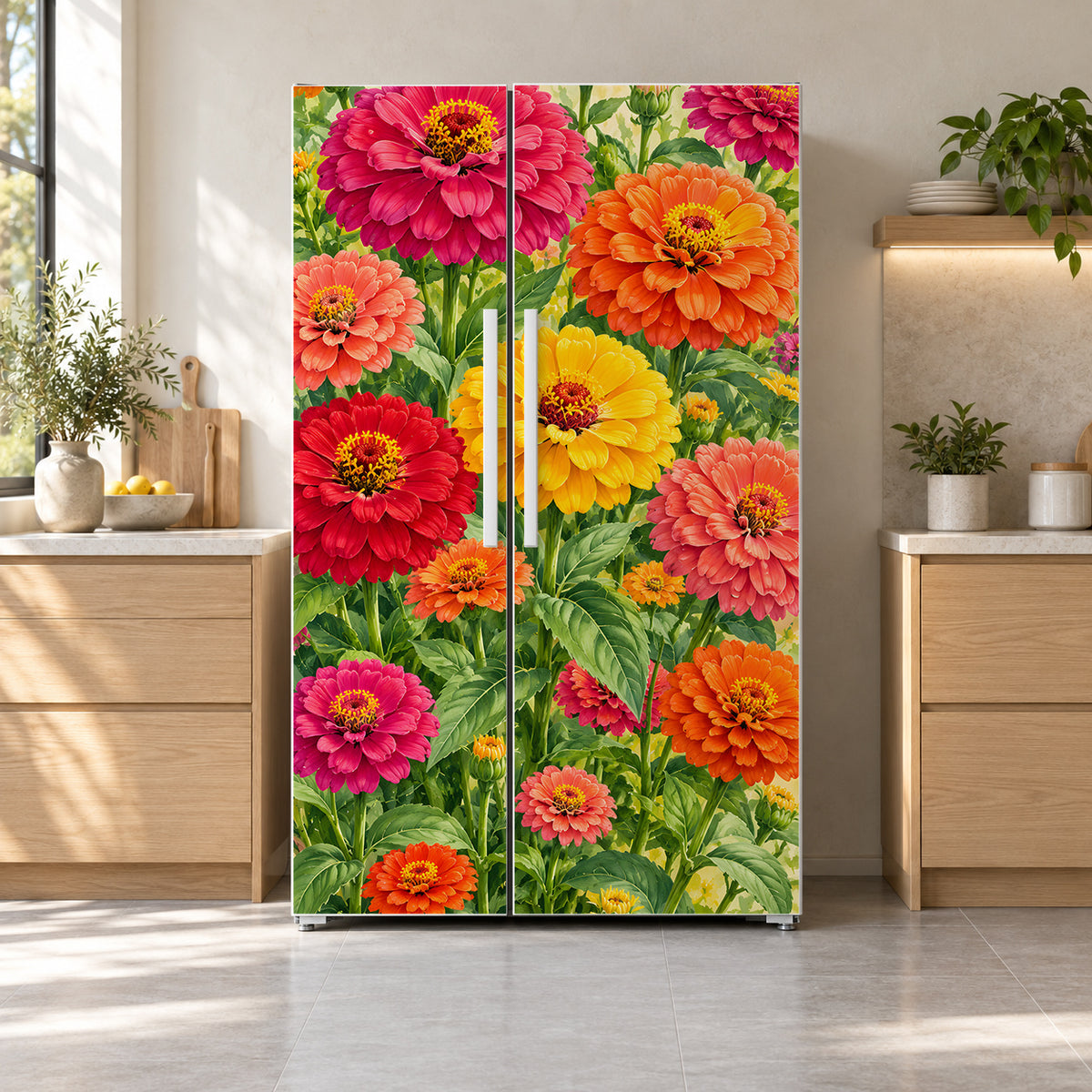 Zinnias fridge wrap on a side-by-side refrigerator