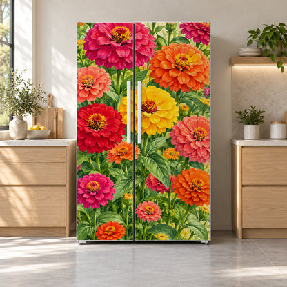 Zinnias fridge wrap on a side-by-side refrigerator