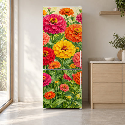 Zinnias fridge wrap on a white refrigerator in a bright kitchen