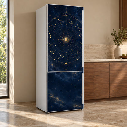 Zodiac Constellations fridge wrap, refrigerator shown at an angle