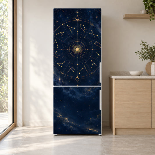 Zodiac Constellations fridge wrap on a white refrigerator in a bright kitchen